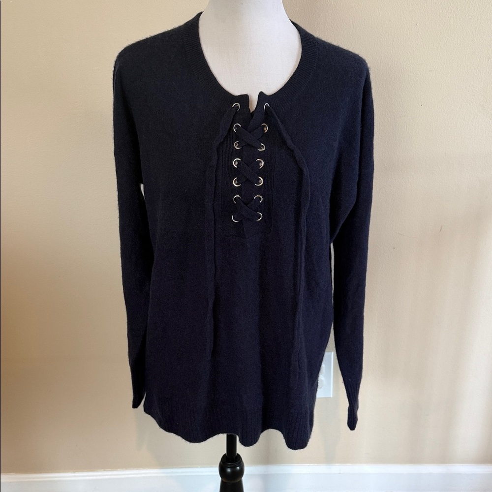 Vertical Design 100% Cashmere Lace-Up Navy Sweater - Medium